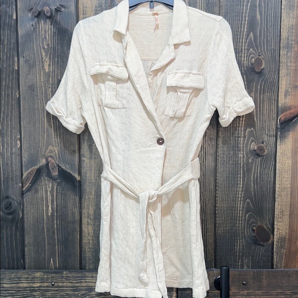 Free People Beige Clementine Linen Mini Dress XS Safari Belted Boho Gauzy Summer